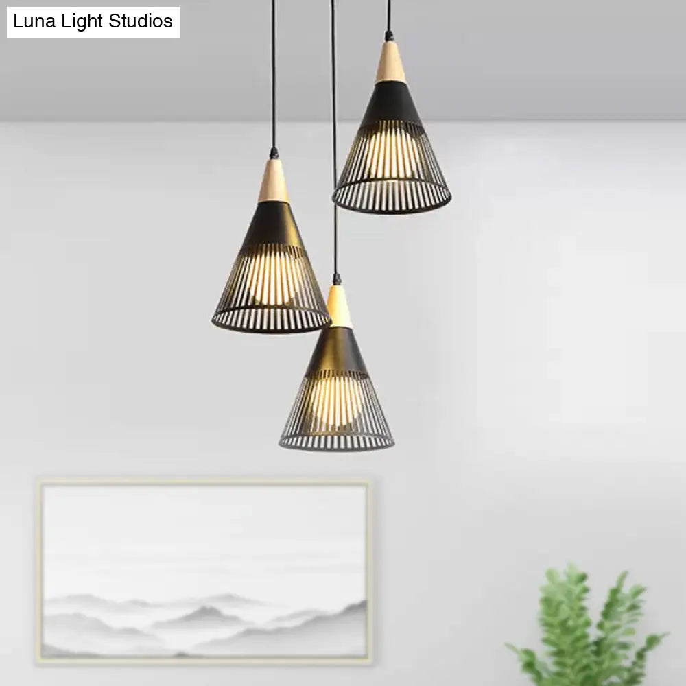 Nordic Cone Ceiling Light - 3 Head Metal And Wood Pendant Lighting With Wire Frame Linear/Round