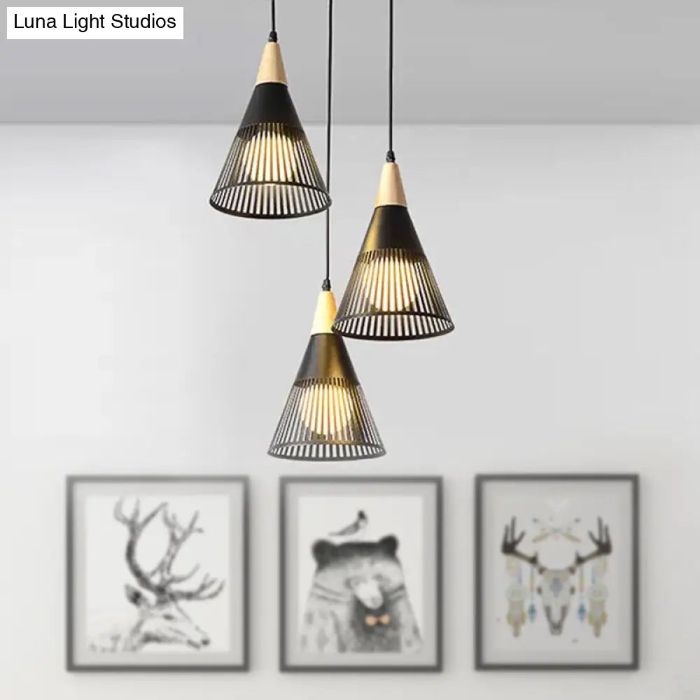 Nordic Cone Ceiling Light With 3 Metal And Wood Pendant Heads