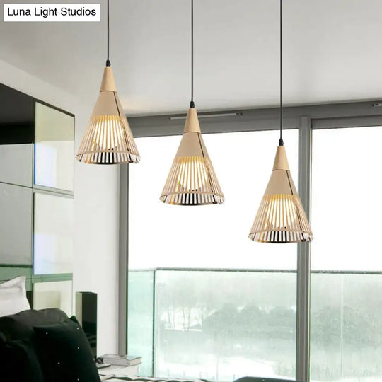 Nordic Cone Ceiling Light - 3 Head Metal And Wood Pendant Lighting With Wire Frame Linear/Round