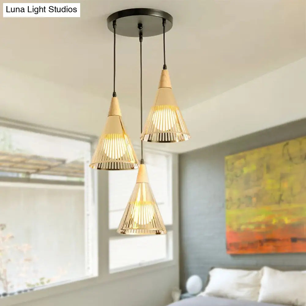 Nordic Cone Ceiling Light With 3 Metal And Wood Pendant Heads