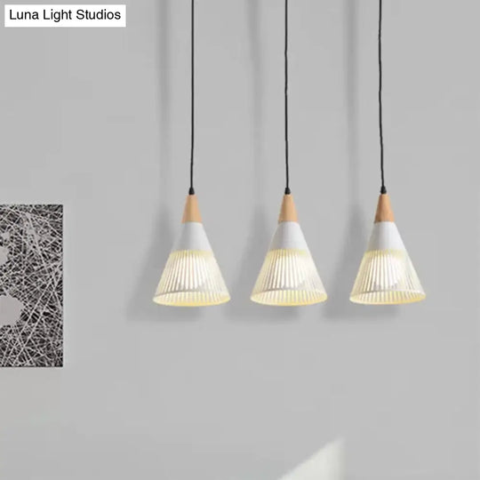 Nordic Cone Ceiling Light - 3 Head Metal And Wood Pendant Lighting With Wire Frame Linear/Round