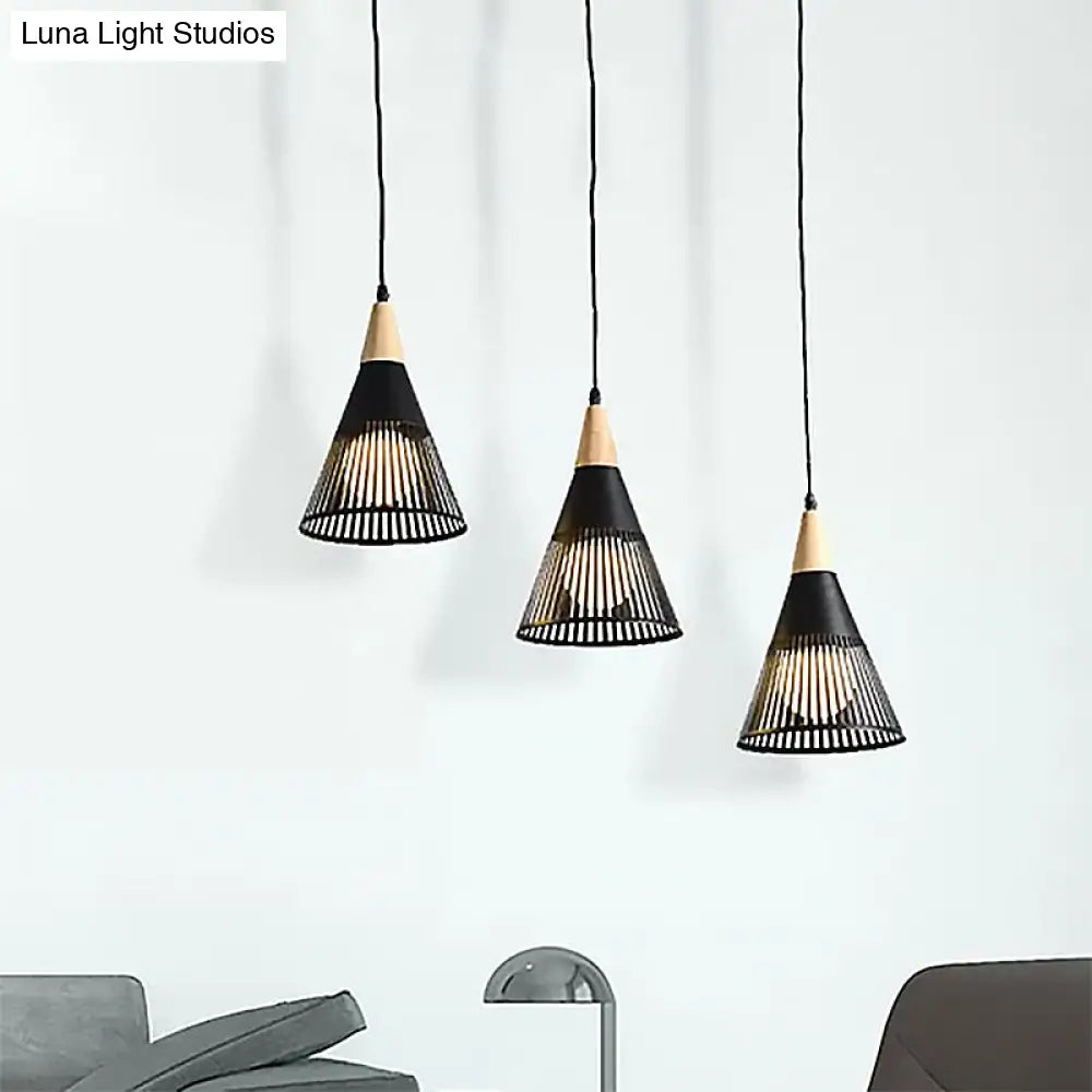 Nordic Cone Ceiling Light With 3 Metal And Wood Pendant Heads