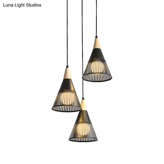 Nordic Cone Ceiling Light - 3 Head Metal And Wood Pendant Lighting With Wire Frame Linear/Round