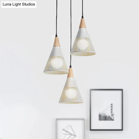 Nordic Cone Ceiling Light - 3 Head Metal And Wood Pendant Lighting With Wire Frame Linear/Round