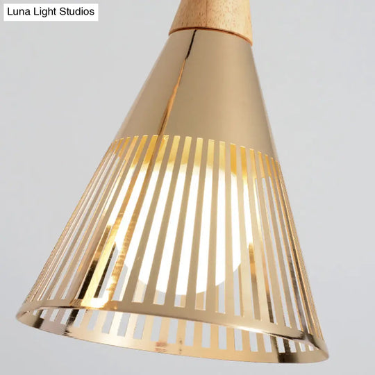 Nordic Cone Ceiling Light - 3 Head Metal And Wood Pendant Lighting With Wire Frame Linear/Round