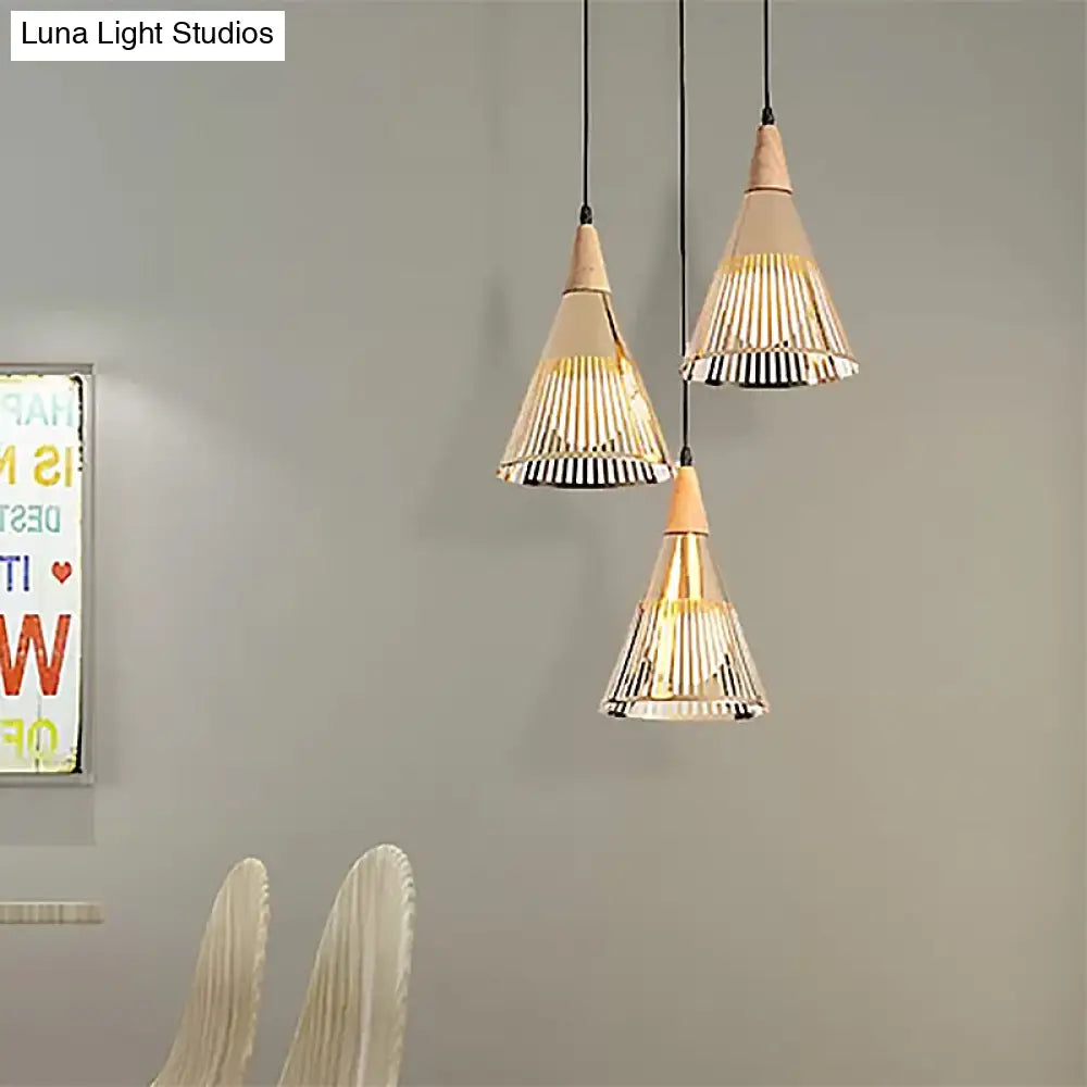 Nordic Cone Ceiling Light - 3 Head Metal And Wood Pendant Lighting With Wire Frame Linear/Round