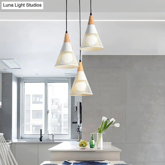 Nordic Cone Ceiling Light With 3 Metal And Wood Pendant Heads White / Round