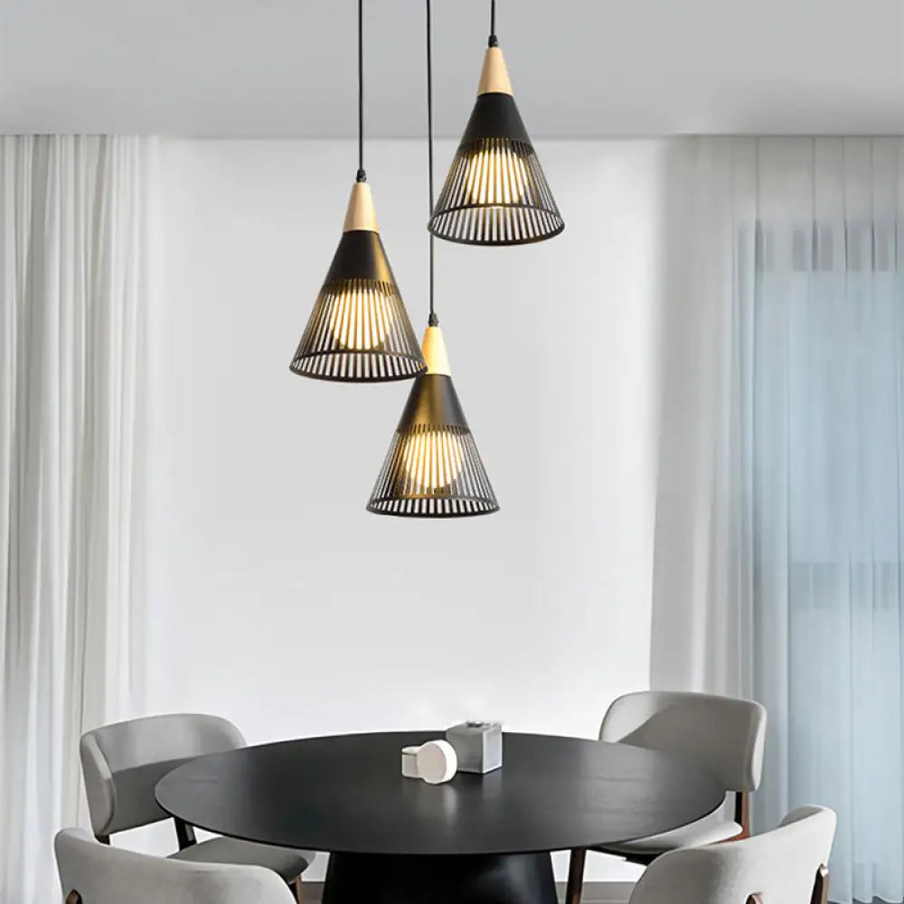 Nordic Cone Ceiling Light - 3 Head Metal And Wood Pendant Lighting With Wire Frame Linear/Round