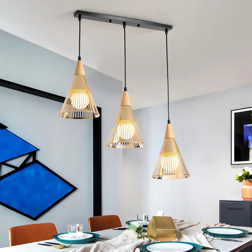 Nordic Cone Ceiling Light - 3 Head Metal And Wood Pendant Lighting With Wire Frame Linear/Round