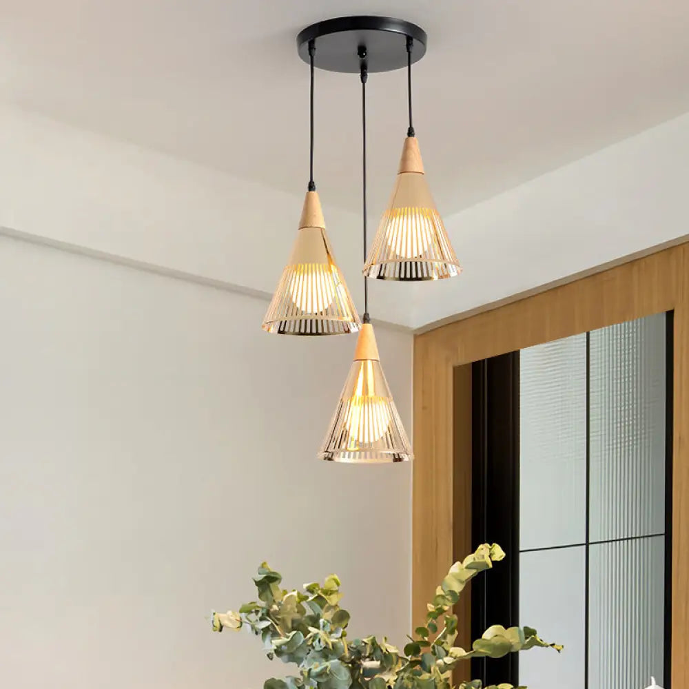 Nordic Cone Ceiling Light - 3 Head Metal And Wood Pendant Lighting With Wire Frame Linear/Round