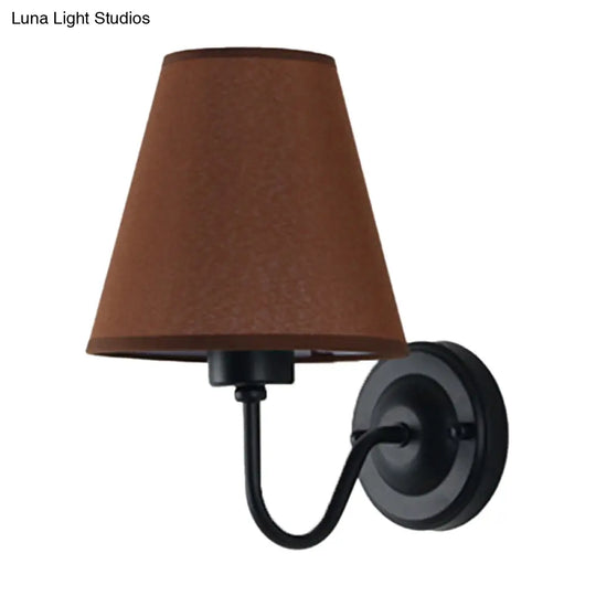 Nordic Cone Wall Lamp - 1-Light Fabric Lighting With Curved Arm In Black/White Black/Brown/Beige