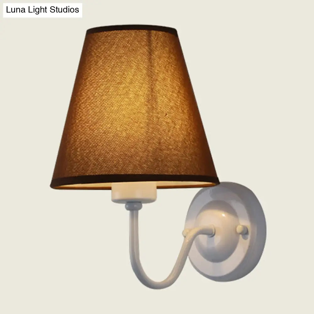 Nordic Cone Wall Lamp - 1-Light Fabric Lighting With Curved Arm In Black/White Black/Brown/Beige