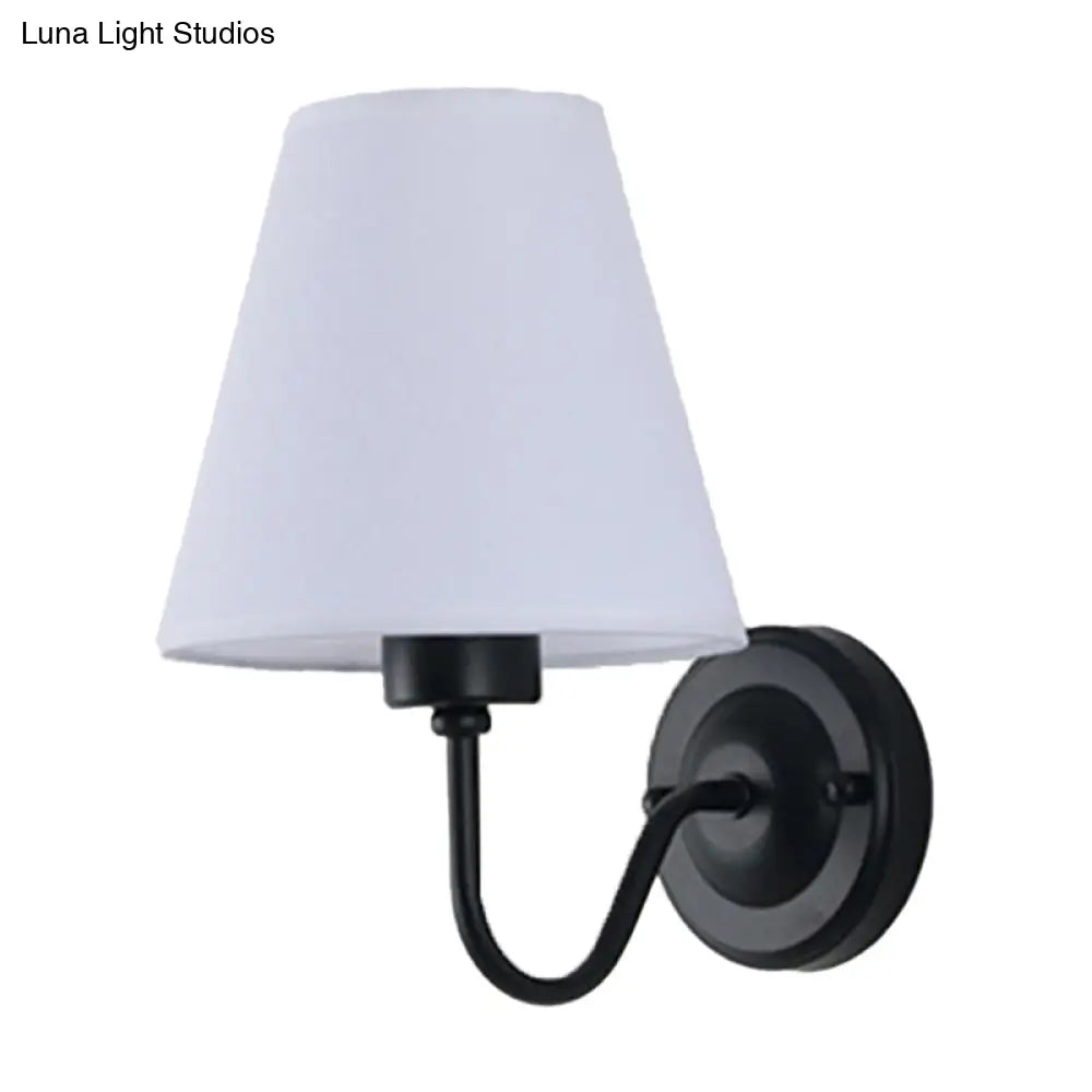 Nordic Cone Wall Lamp - 1-Light Fabric Lighting With Curved Arm In Black/White Black/Brown/Beige