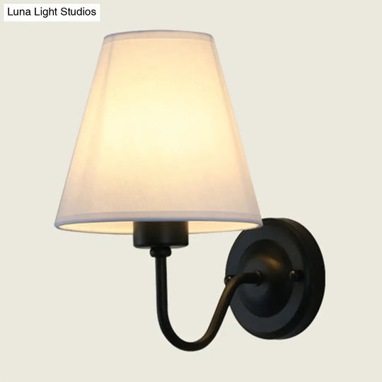 Nordic Cone Wall Lamp - 1-Light Fabric Lighting With Curved Arm In Black/White Black/Brown/Beige