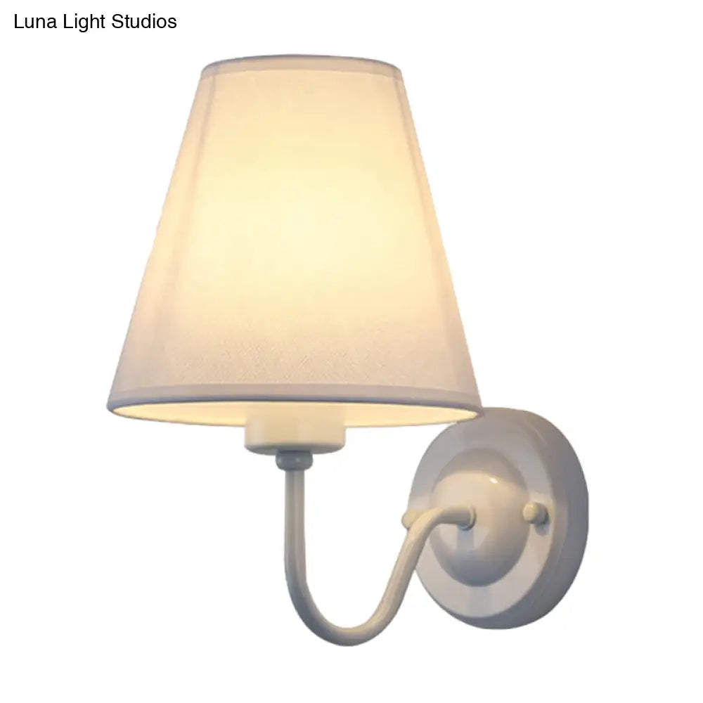 Nordic Cone Wall Lamp - 1-Light Fabric Lighting With Curved Arm In Black/White Black/Brown/Beige