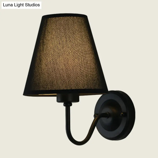 Nordic Cone Wall Lamp - 1-Light Fabric Lighting With Curved Arm In Black/White Black/Brown/Beige