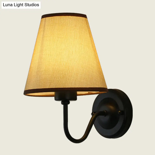 Nordic Cone Wall Lamp - 1-Light Fabric Lighting With Curved Arm In Black/White Black/Brown/Beige