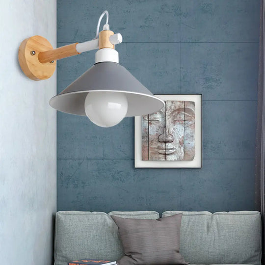 Nordic Cone Wall Lighting Fixture - Stylish 1-Head Metallic Sconce Lamp With Wooden Joint Black/Grey