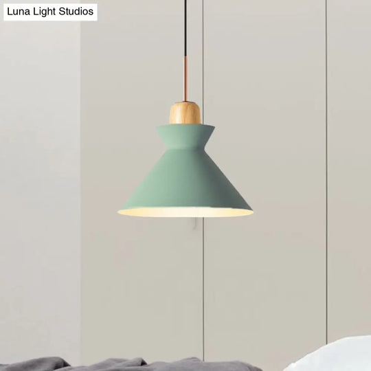 Stylish Nordic Conic Pendant Lamp - 1 Bulb Metal & Wood Lighting In Grey/White For Living Room Green