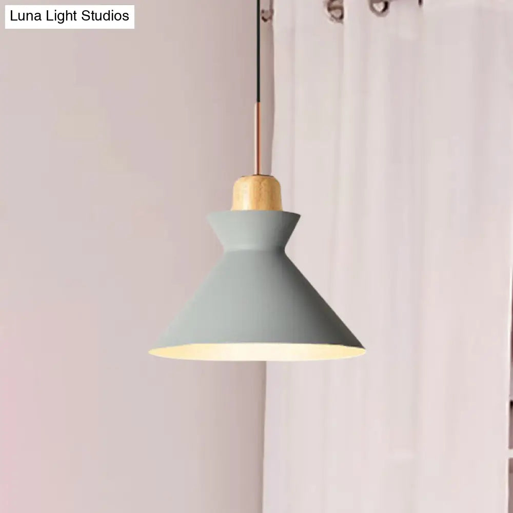 Stylish Nordic Conic Pendant Lamp - 1 Bulb Metal & Wood Lighting In Grey/White For Living Room Grey