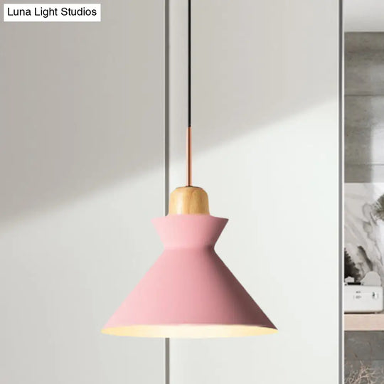 Stylish Nordic Conic Pendant Lamp - 1 Bulb Metal & Wood Lighting In Grey/White For Living Room Pink