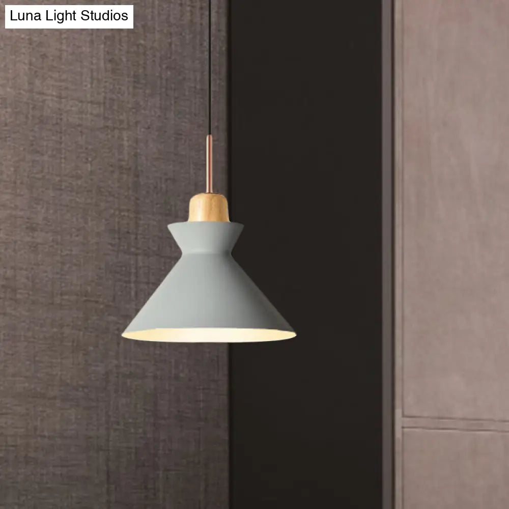 Stylish Nordic Conic Pendant Lamp - 1 Bulb Metal & Wood Lighting In Grey/White For Living Room