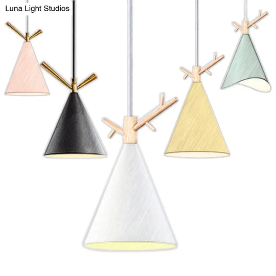 Nordic Conical Pendant With Antler Deco - Metallic Hang Light For Dining Room Ceiling