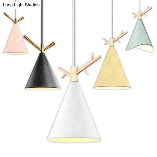 Nordic Conical Pendant Metallic Hanging Light With Antler Deco - 1-Bulb Ceiling Fixture For Dining