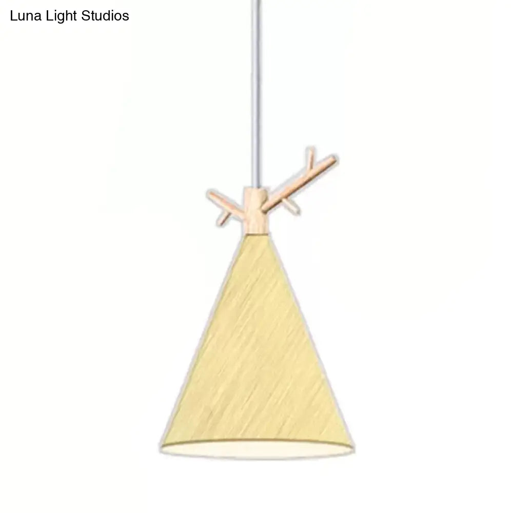 Nordic Conical Pendant With Antler Deco - Metallic Hang Light For Dining Room Ceiling Yellow