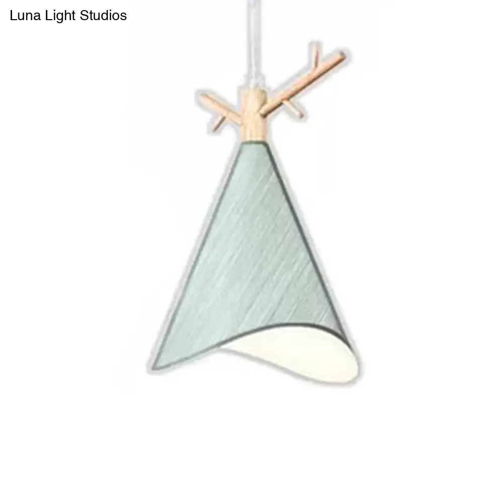 Nordic Conical Pendant With Antler Deco - Metallic Hang Light For Dining Room Ceiling Green