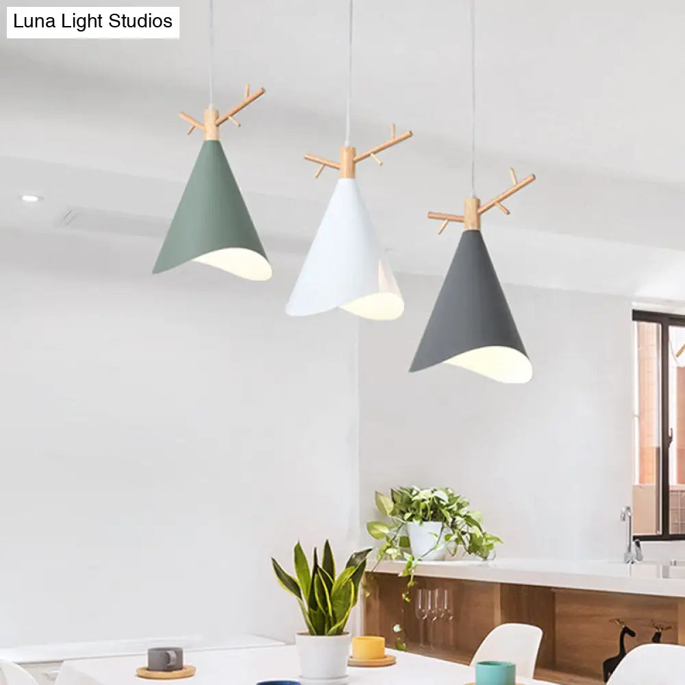 Nordic Conical Pendant With Antler Deco - Metallic Hang Light For Dining Room Ceiling