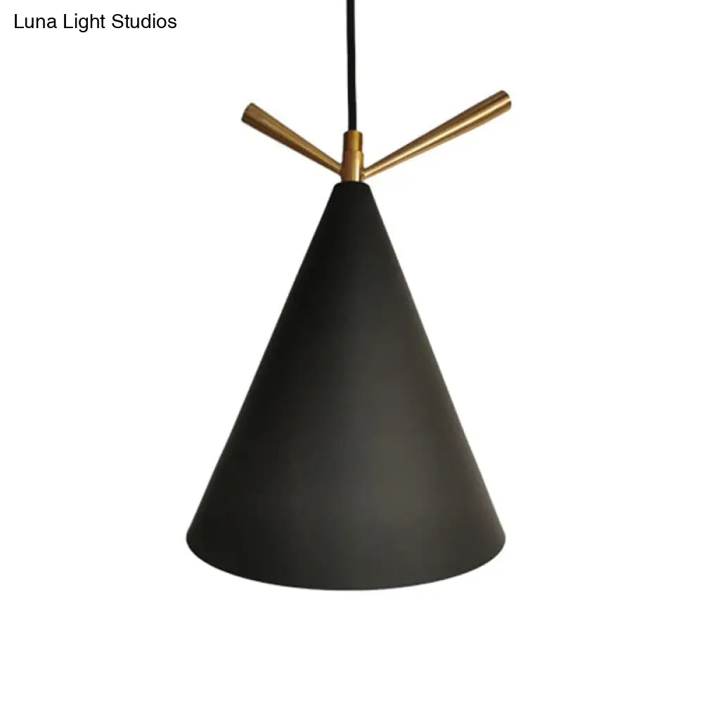 Nordic Conical Pendant With Antler Deco - Metallic Hang Light For Dining Room Ceiling Black