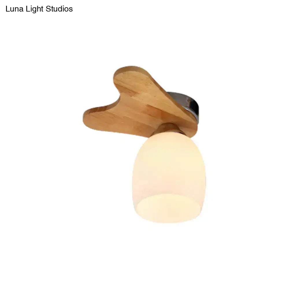 Nordic Cream Glass Bell Flush Ceiling Light With Antler Top And Wood Accents