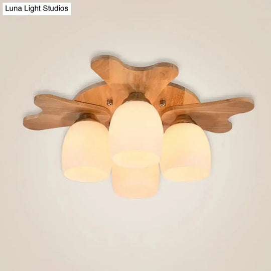 Nordic Cream Glass Bell Flush Ceiling Light With Antler Top And Wood Accents