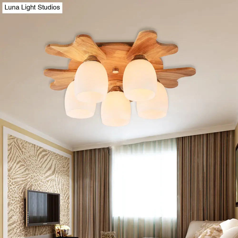 Nordic Cream Glass Bell Flush Ceiling Light With Antler Top And Wood Accents 5 /