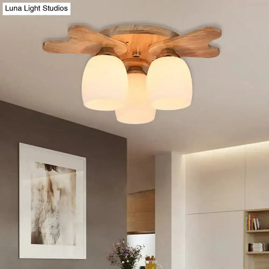 Nordic Cream Glass Bell Flush Ceiling Light With Antler Top And Wood Accents