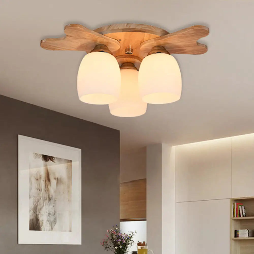 Nordic Cream Glass Bell Flush Ceiling Light With Antler Top And Wood Accents 3 /