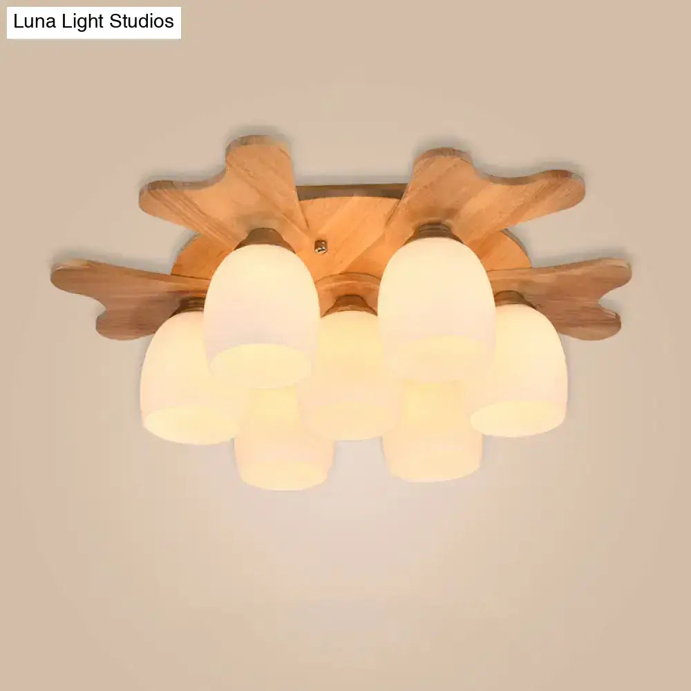 Nordic Cream Glass Bell Flush Ceiling Light With Antler Top And Wood Accents