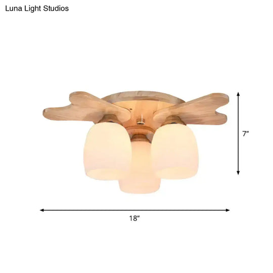 Nordic Cream Glass Bell Flush Ceiling Light With Antler Top And Wood Accents