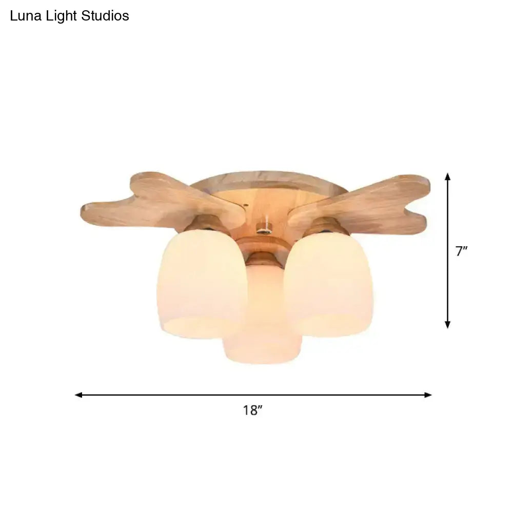 Nordic Cream Glass Bell Flush Ceiling Light With Antler Top And Wood Accents