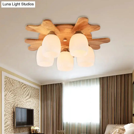 Nordic Cream Glass Bell Flush Ceiling Light With Antler Top And Wood Accents