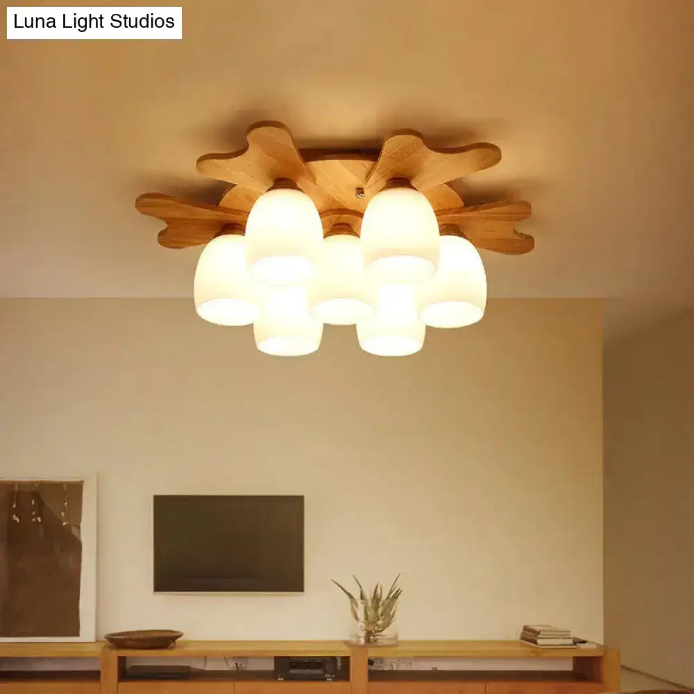 Nordic Cream Glass Bell Flush Ceiling Light With Antler Top And Wood Accents