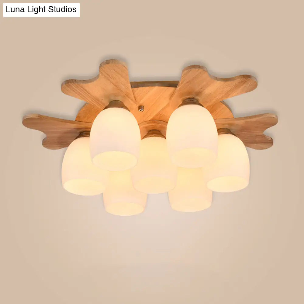 Nordic Cream Glass Bell Flush Ceiling Light With Antler Top And Wood Accents