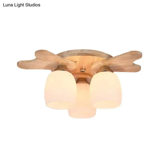 Nordic Cream Glass Bell Flush Ceiling Light With Antler Top And Wood Accents