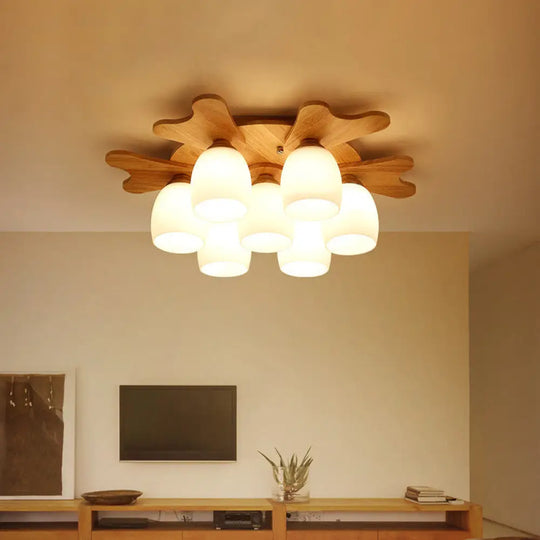 Nordic Cream Glass Bell Flush Ceiling Light With Antler Top And Wood Accents 7 /
