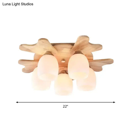 Nordic Cream Glass Bell Flush Ceiling Light With Antler Top And Wood Accents