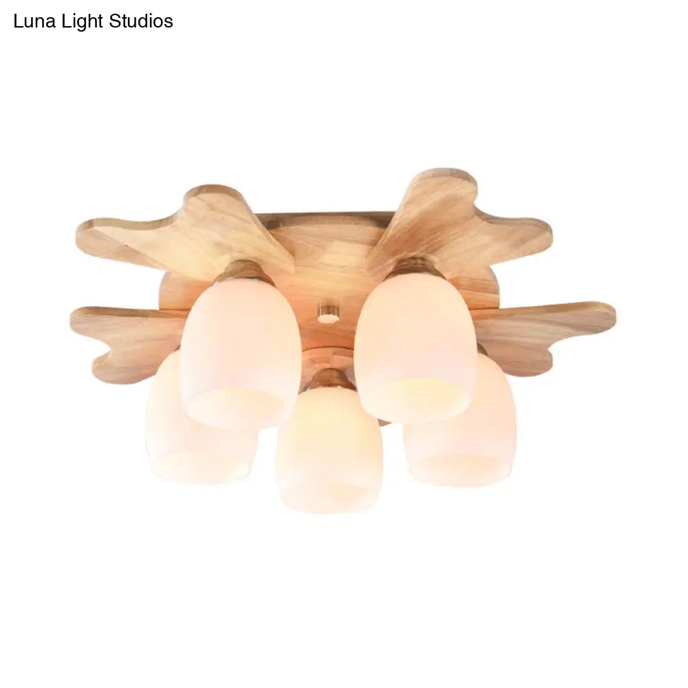 Nordic Cream Glass Bell Flush Ceiling Light With Antler Top And Wood Accents