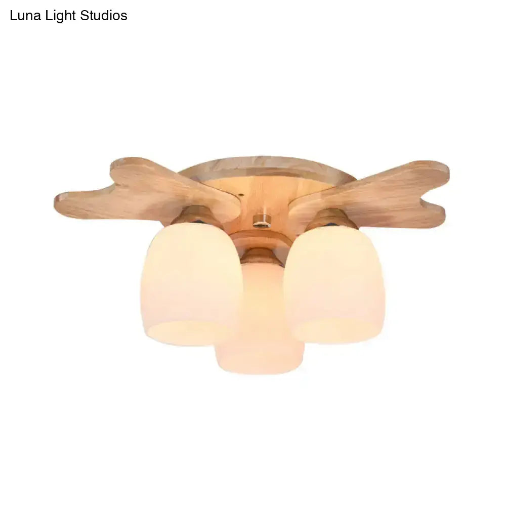 Nordic Cream Glass Bell Flush Ceiling Light With Antler Top And Wood Accents