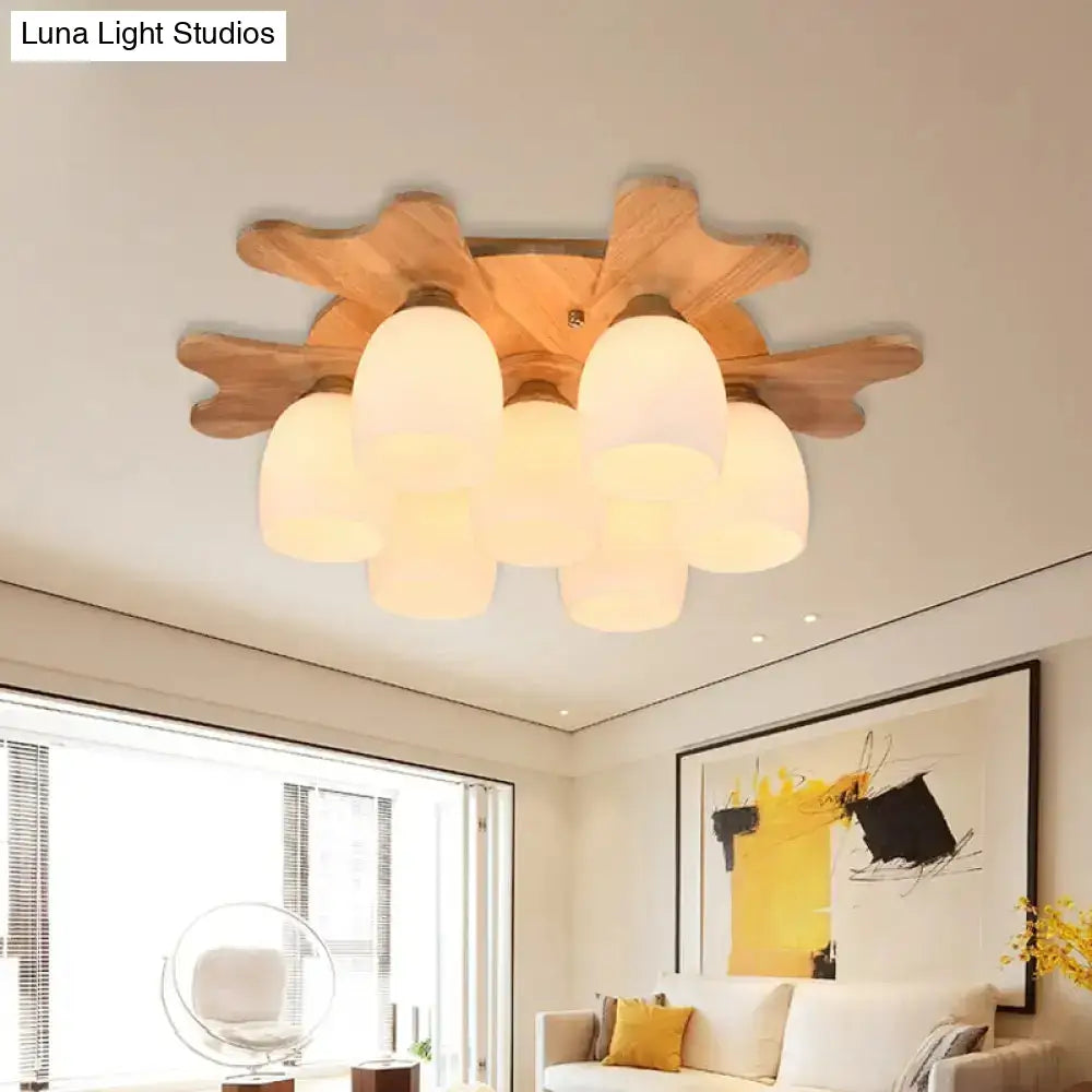 Nordic Cream Glass Bell Flush Ceiling Light With Antler Top And Wood Accents