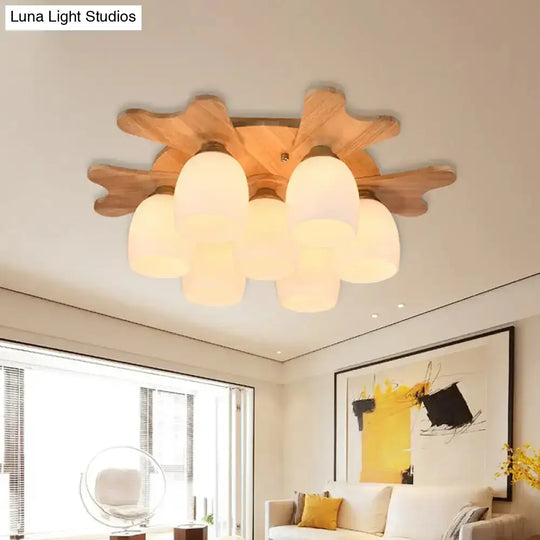 Nordic Cream Glass Bell Flush Ceiling Light With Antler Top And Wood Accents